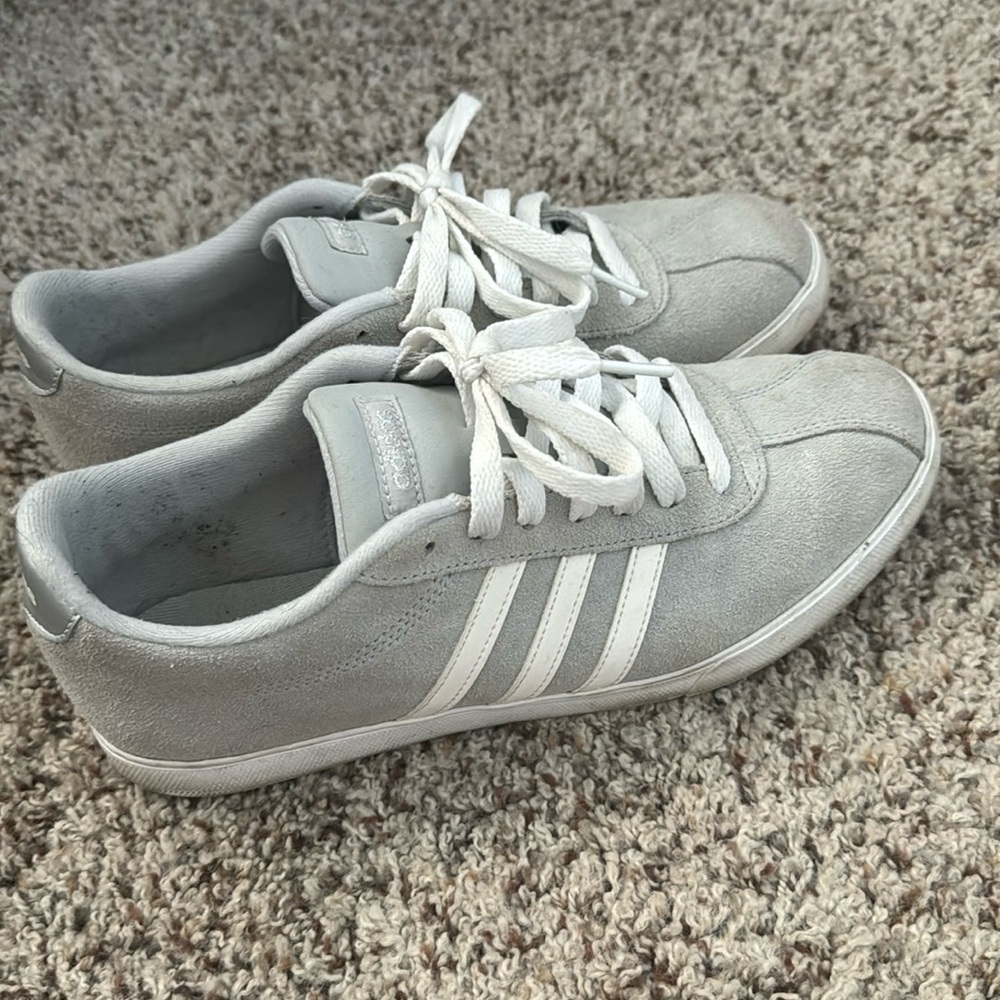 Grey suede adidas tennis shoes, size 9